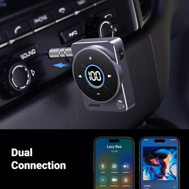 Detalle 2 de UGREEN Aux Bluetooth 5.4 Adapter for Car with 3.5mm Jack, LED Display & Hands-Free Calling