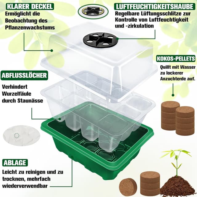Detalle 2 de Halatool Zimmergewächshaus Anzuchtkasten-Set mit 48 Zellen (4-teilig) und 50 Kokos-Quelltabletten