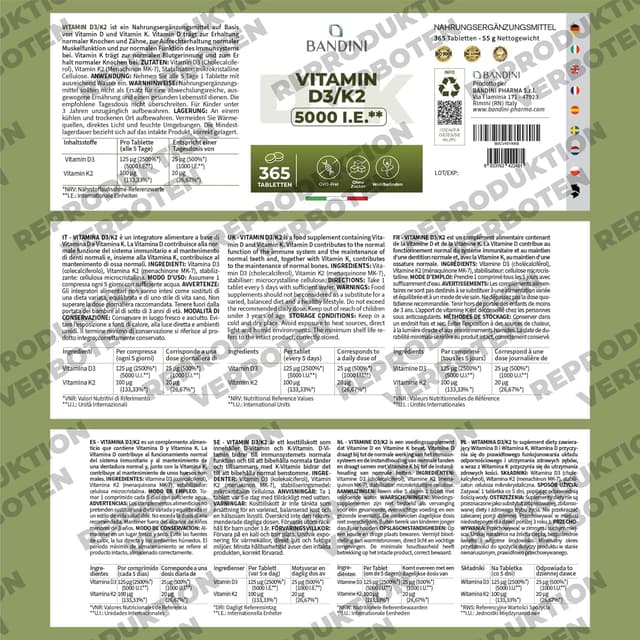 Detalle 1 de Bandini Vitamin D3 K2 365 Mikrotabletten 5000 IU