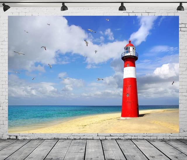 Detalle de BELECO Stoff-Hintergrund 2,5 x 1,8 m mit Leuchtturm am Meer für Fotografie & Deko
