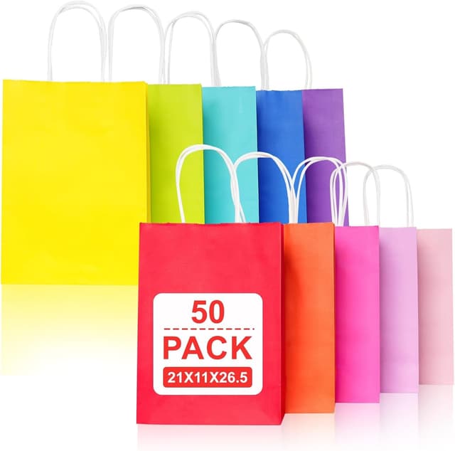 Detalle de Gucass 50er Pack mittelgroße Papiertüten mit Henkel (bunt kraft) 21×11×27 cm