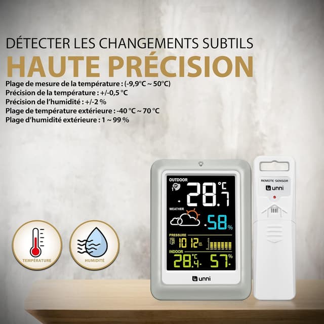 Detalle de Station météo sans fil avec écran couleur Unni (02CS) : capteur extérieur jusqu’à 100 m, baromètre et rétroéclairage réglable