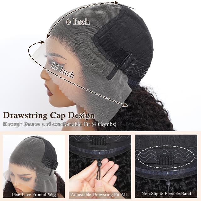 Detalle de Lannaax 13x6 HD Lace Curly Wig (250% Density) — Virgin Remy Human Hair Drawstring, Natural Black, 20 Inch