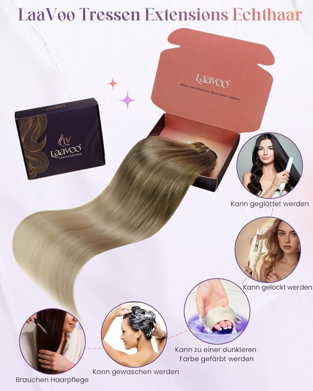 Detalle de LaaVoo Extensions Tressen Echthaar Ombre Braun (Remy) – Sew-in/Weft Haarverlängerung zum Einnähen, 100 g, 50 cm
