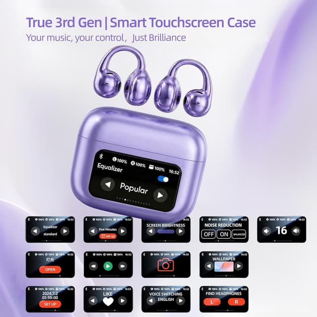 Detalle 2 de Elegant Touchscreen Clip-On Earbuds (Open-Ear, Bluetooth 6.0) with 1.3" Display, 50H Playtime, IPX5, Purple