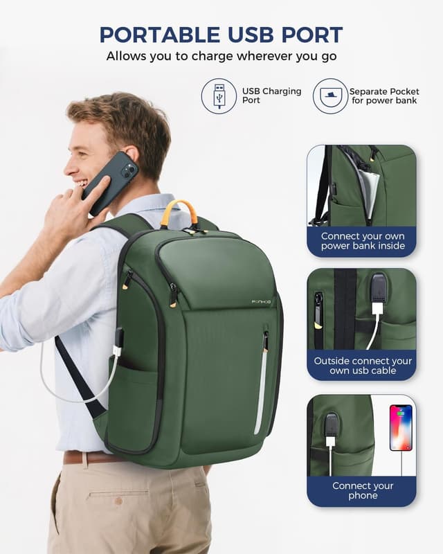 Thumbnail 4 de Ponhog Men’s Backpack 30L with USB Port, 17.3-inch Anti-theft Laptop Compartment (Light Green)
