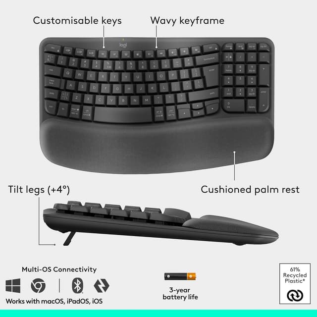 Detalle 2 de Logitech Wave Keys & Lift Vertical Mouse ergonomic bundle (Graphite) — wireless keyboard + vertical wireless mouse