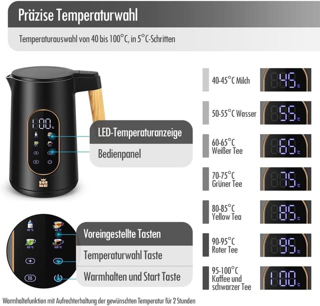Detalle de FOR ME ForMe Edelstahl-Wasserkocher 1,7 L mit Temperaturwahl 40–100 °C und Warmhaltefunktion
