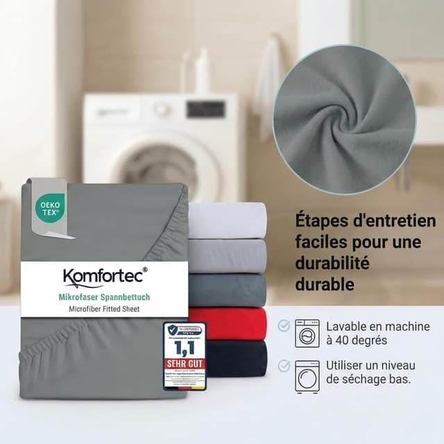 Thumbnail 6 de Komfortec Drap housse 200x200 cm en microfibre brossée douce (bonnet 30 cm) gris