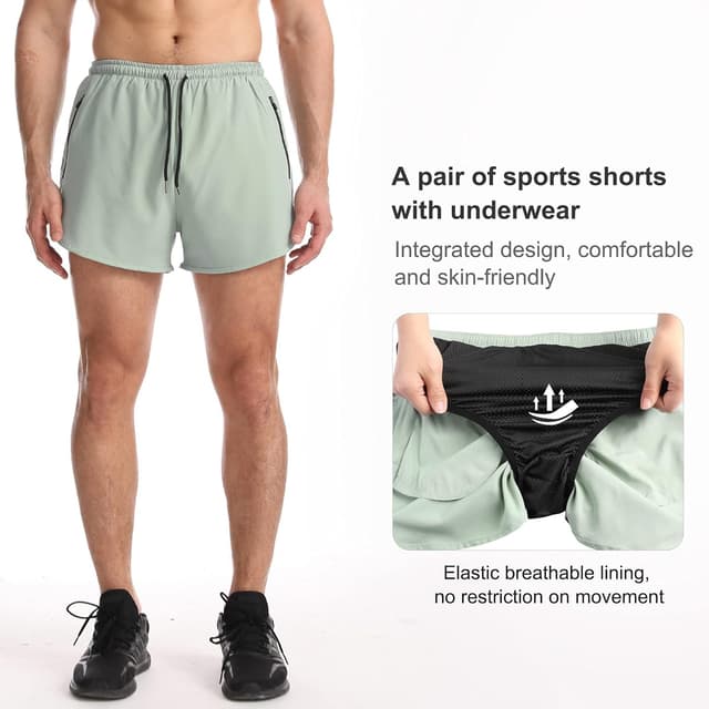 Detalle de Suwangi Uomo pantaloncini da running 2 in 1 con asciugatura rapida e tasca interna con zip