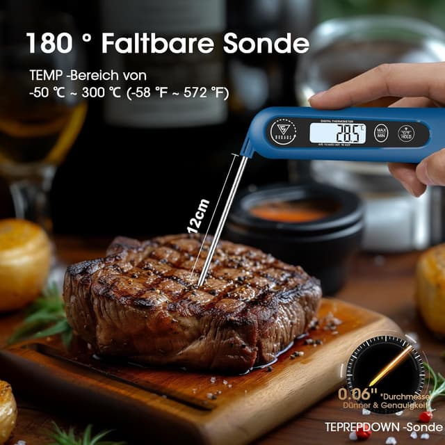 Detalle de DOQAUS Grillthermometer digitales Bratenthermometer mit 3‑Sekunden-Messung und langer Edelstahlsonde – Navyblau