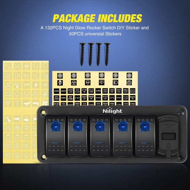 Thumbnail 6 de Nilight 5-Gang Rocker Switch Panel (Blue Backlit) with PD Type-C, USB Charger, Voltmeter, and Waterproof Design