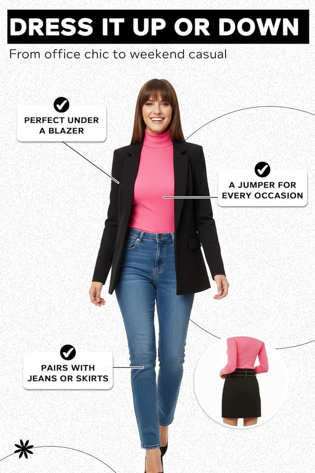 Detalle de Re Tech UK women’s ribbed cotton polo neck jumper tunic top (long sleeve, turtle roll neck)