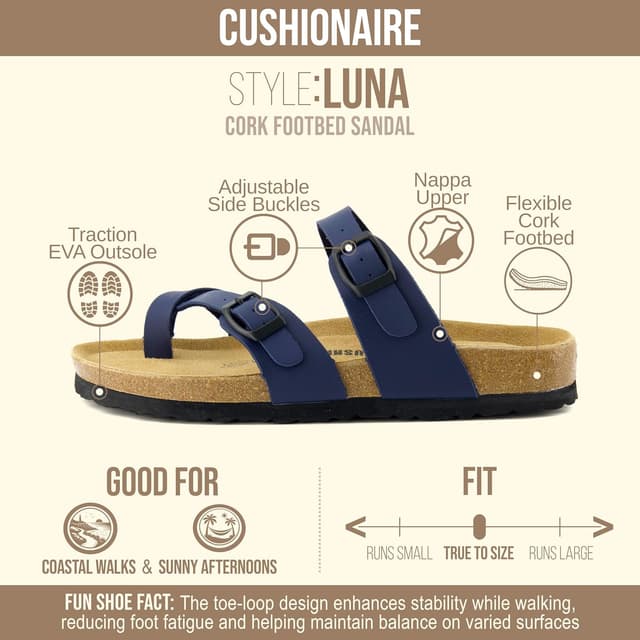 Detalle 2 de CUSHIONAIRE Luna Sandals for Women — Cork Footbed Slip-On Sandals with Adjustable Straps (Wide Width Available)