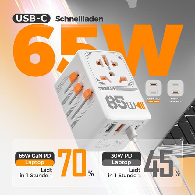 Detalle 2 de TESSAN 65W GaN Reiseadapter für Welt