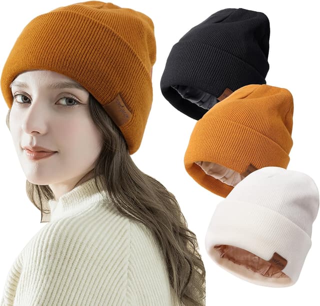 Detalle 2 de DRESHOW Satin Lined Beanie Hat – Unisex knitted skull cap with silky lining