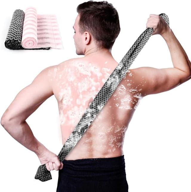 Detalle de LOPHE – Coffret de 2 gant/serviette exfoliante extra longue pour la douche (dos et corps) noir