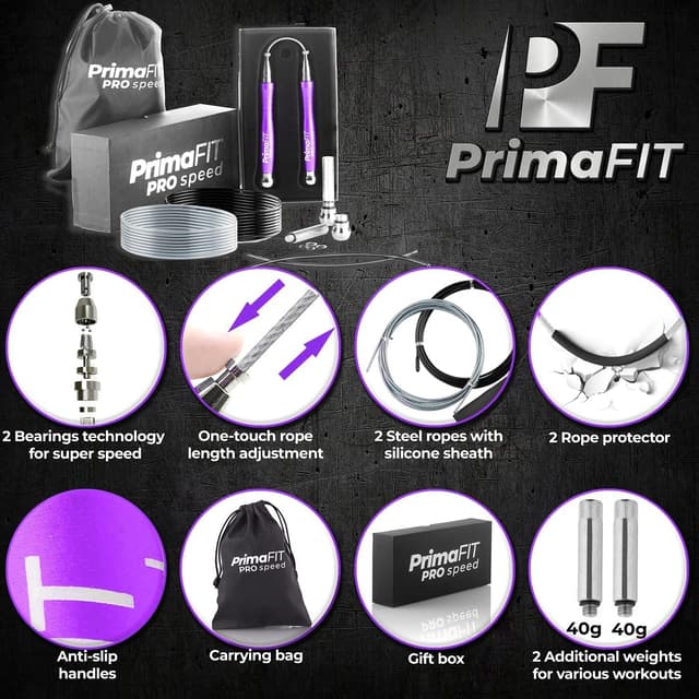 Detalle 2 de PrimaFIT Pro Speed Corde à sauter lestée réglable en aluminium (crossfit, HIIT, boxe)