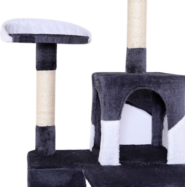 Detalle de lionto Kratzbaum für Katzen mit Hängematte & Tunnel (133 cm) – Sisalseil, Höhle und Liegeflächen in grau/weiß