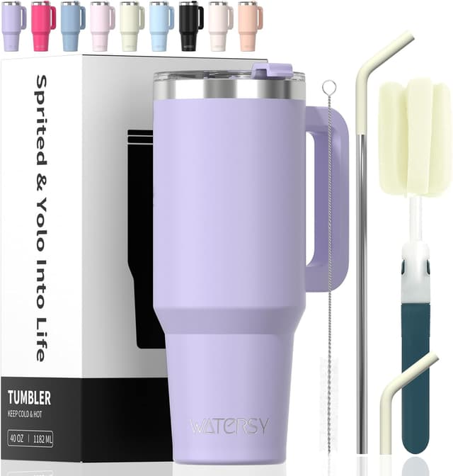 Detalle de 40 oz Tumbler with Handle (Purple) — Double-Wall Insulated Stainless Steel Travel Mug with Lid & Straw