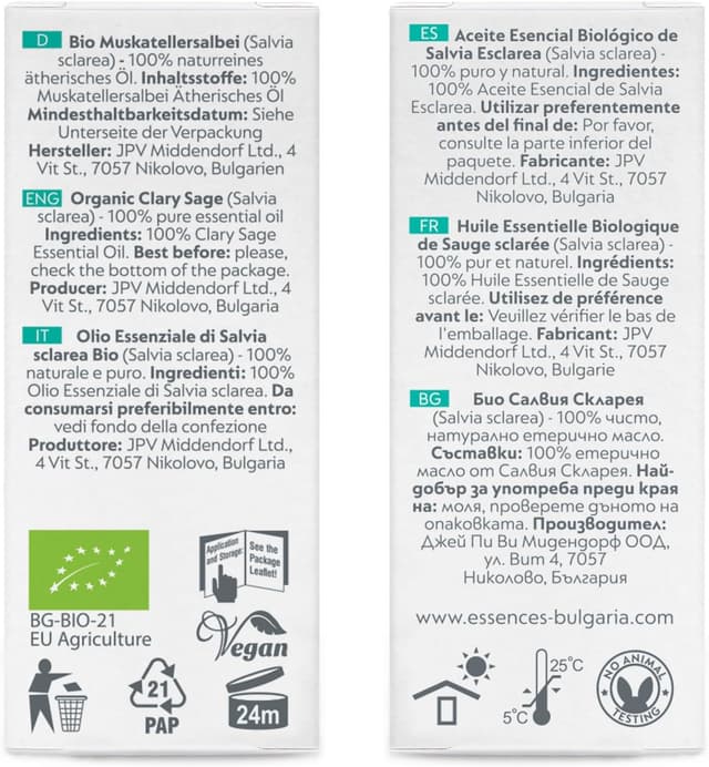 Detalle 2 de Essences Bulgaria Olio Essenziale di Salvia sclarea biologica, 100% puro e non diluito (10 ml) | Distillato a vapore
