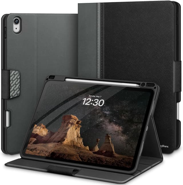 Detalle de KingBlanc Schutzhülle für iPad Air 11" mit Stifthalter – veganes Saffiano-Leder, Auto Sleep/Wake, Schwarz