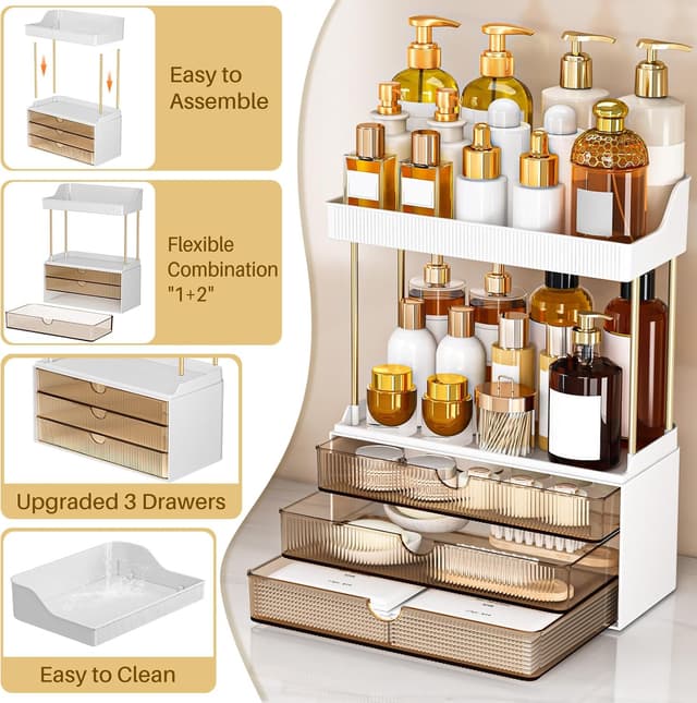 Detalle de Caktraie Bathroom Organizers and Storage (3 Drawers, 2 Tier) for Vanity Countertop — Amber