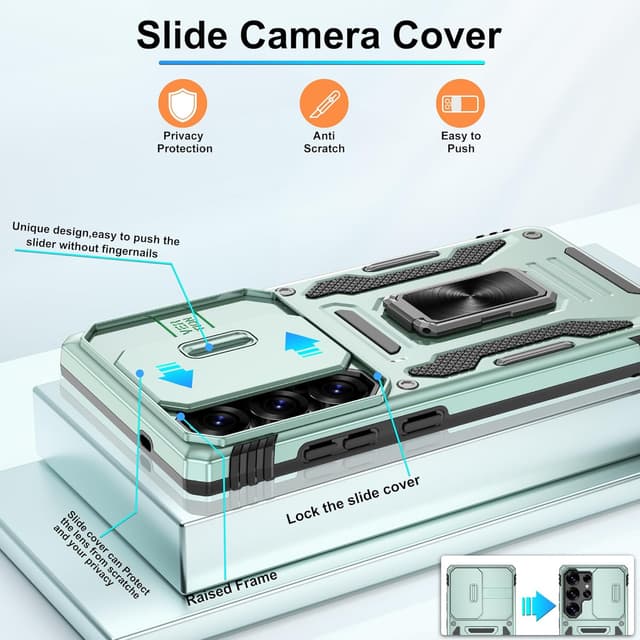 Detalle de Jshru Samsung Galaxy S25 Ultra case with screen protector, sliding camera cover and ring stand (Alpine Green)