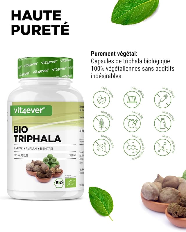 Detalle de Triphala Bio haute dose 2000 mg (500 mg par capsule) – 365 capsules, poudre indienne Haritaki Amalaki Bibhitaki (végane)