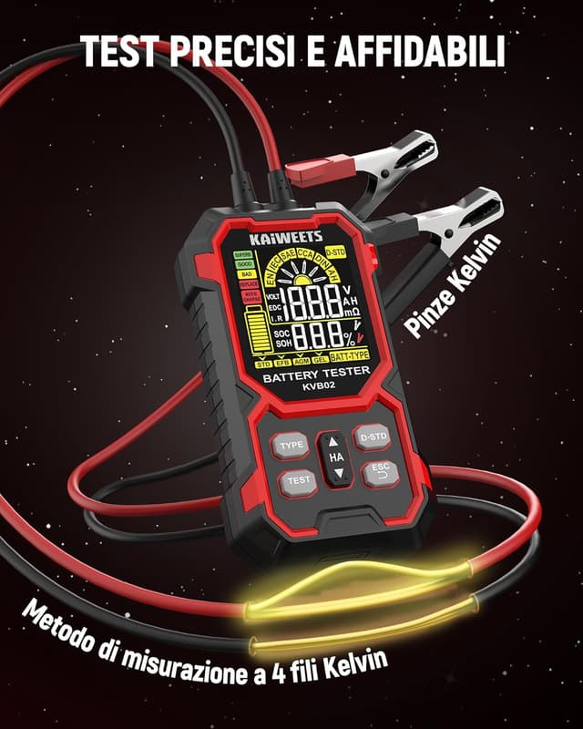 Detalle de KAIWEETS Tester Batteria Auto 12V/24V digitale 50–2000 CCA con display LCD (SOH/SOC)