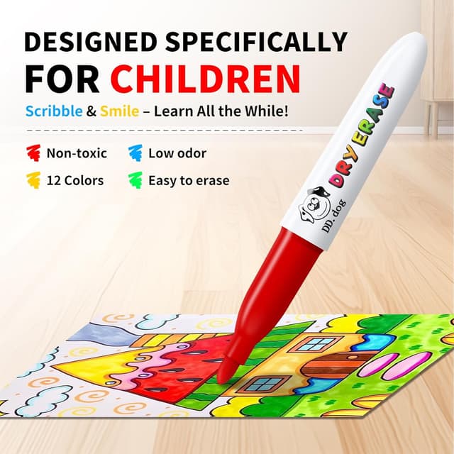 Detalle de DD.DOG 12 Colour Kids Dry Wipe Whiteboard Pens (Non-Toxic, Low Odour) Mini Fine Tip