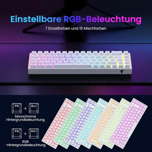 Detalle de TECURS Gaming-Tastatur mechanisch 65% QWERTZ (DE) – kabellos per Bluetooth/2,4 GHz oder mit Kabel, RGB, rote Schalter