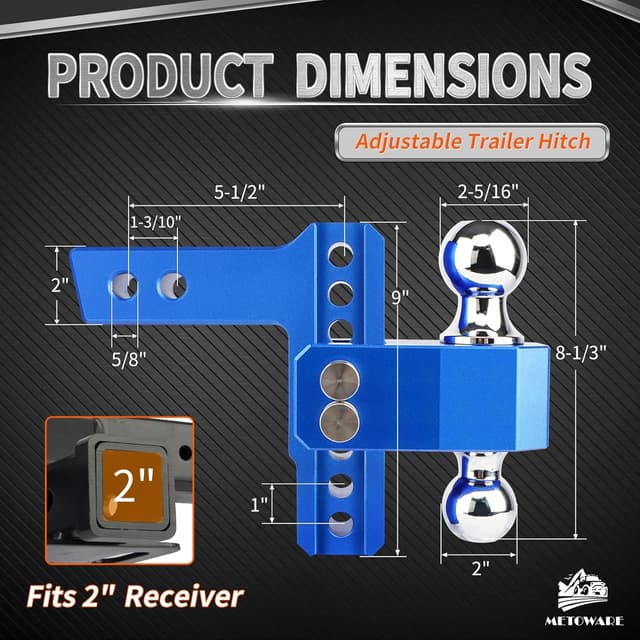 Detalle de METOWARE Adjustable Trailer Hitch (Aluminum) for 2-Inch Receiver, 6-Inch Drop/Rise, Dual Ball, 14,000 lbs GTW