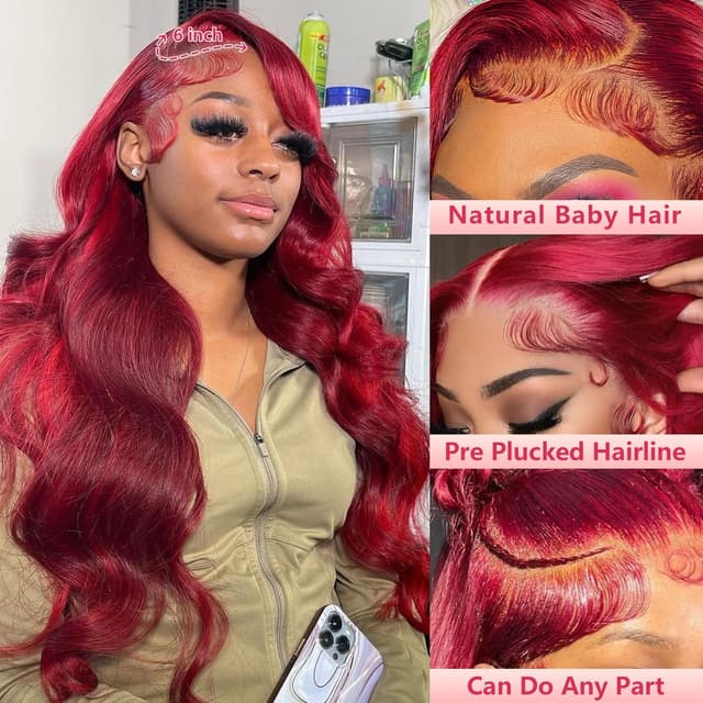 Thumbnail 1 de 30-Inch Burgundy 13x6 Lace Front Wig (99J) Body Wave Human Hair, 180% Density