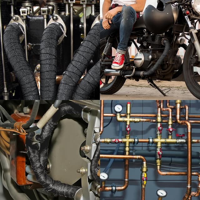 Detalle de 5M Hitzeschutzband für Auspuff (Auspuffbandage) Schwarz – mit 10 Edelstahl-Kabelbindern, für Motorrad-Fächerkrümmer