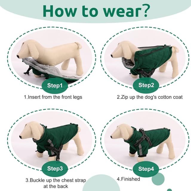 Thumbnail 6 de CITÉTOILE Warmer Hundejacke mit Geschirr für kaltes Wetter (Winddicht, Reißverschluss, reflektierende Streifen) – Grün, L