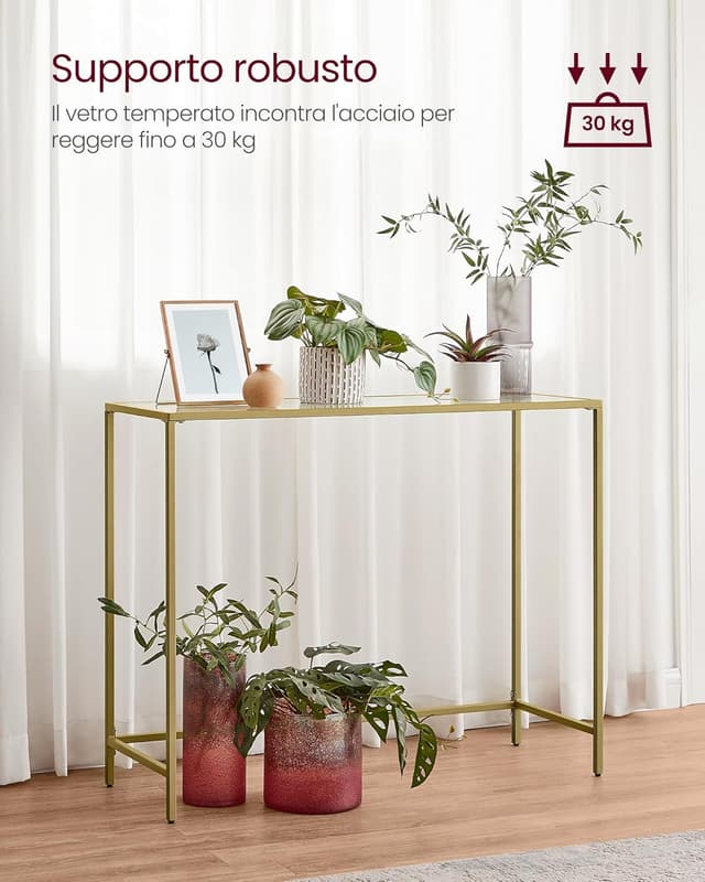 Detalle de VASAGLE LGT132A01 consolle da ingresso con piano in vetro temperato oro pallido e trasparente
