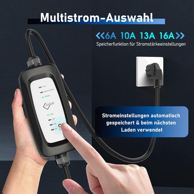 Detalle de EVIEUN Typ 2 Ladekabel Schuko 3,6 kW (1-phasig, 9 m) – 4-stufige Stromregelung, IEC 62196-2