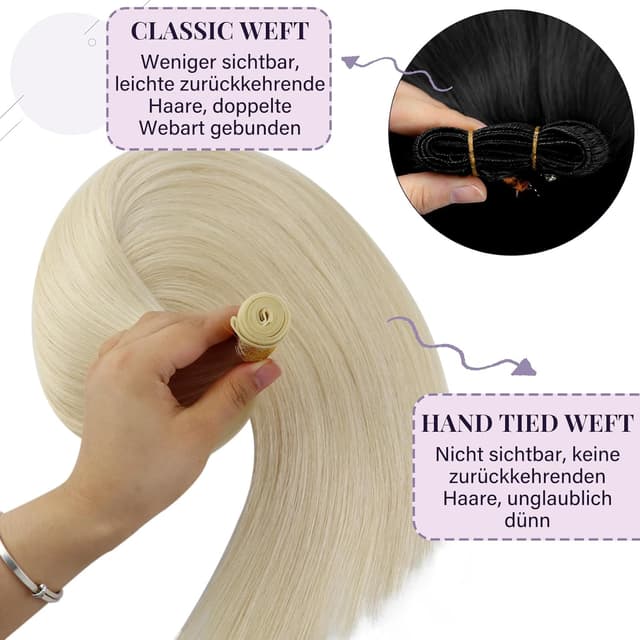 Detalle de Fshine Echthaar Extensions Tressen Blond, 60 cm (60 g) – zum Einnähen, Remy Weft Bund