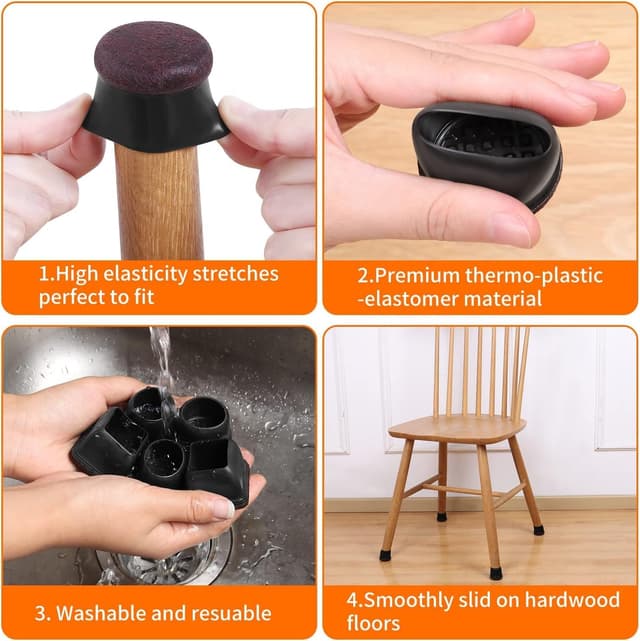 Thumbnail 6 de 32 PCS Small Black Silicone Chair Leg Floor Protectors with Wrapped Felt (Round, Fit 0.75–1")