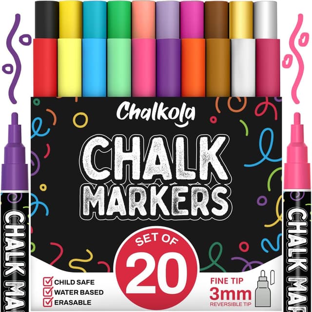 Detalle de Chalkola 20 Fine Tip Liquid Chalk Pens for Blackboard (3mm reversible tips, neon, pastel, gold & silver)