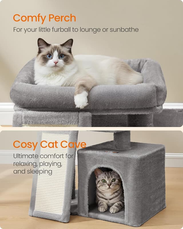 Detalle de Feandrea Small Cat Tree (PCT010GD01) – compact cat tower with scratch ramp, cave condo & top perch