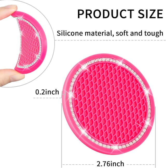 Detalle de COCASES Car Coasters (4-Pack) 2.75" Silicone Rhinestone Cup Holder Coasters – Hot Pink & White Crystal Circle