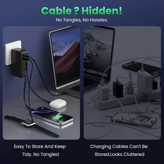 Detalle de 120W USB-C Charger Block with Retractable Cables (2 Built-In Reels), 4-in-1 GaN Fast Wall Plug, PD 65W Laptop Adapter