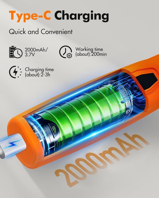 Detalle de Cordless Mini Rotary Tool Set (64Pcs) with 5 Speeds, 3.7V USB Rechargeable LED – Orange