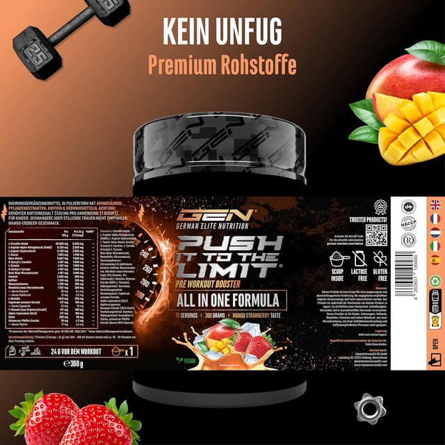 Detalle 2 de Push it to the Limit Pre Workout (360 g) mit L-Arginin, Citrullin, Theanin, Rhodiola & Koffein – Mango Strawberry