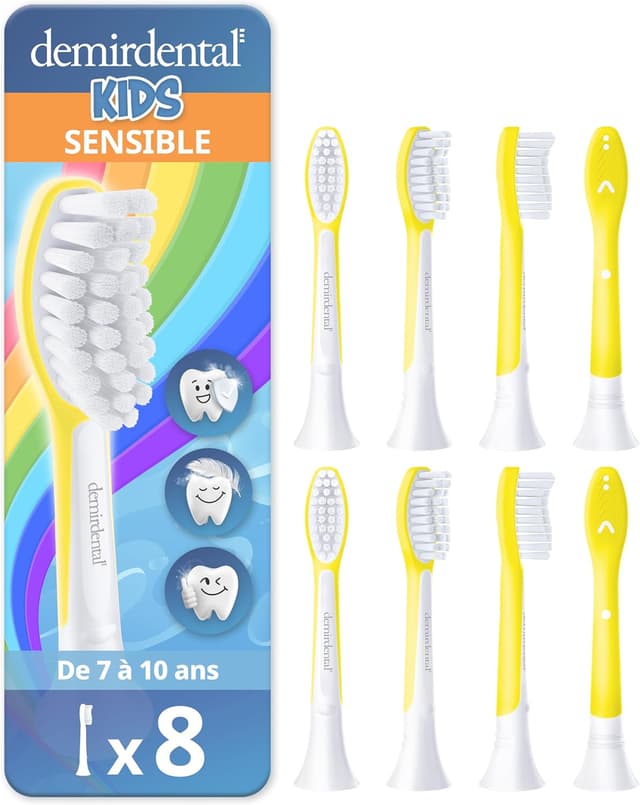Detalle de Têtes de brosse demirdental pour Philips Sonicare Kids (7 à 10 ans) – Jaune, lot de 8, compatibilité HX6048/HX6044