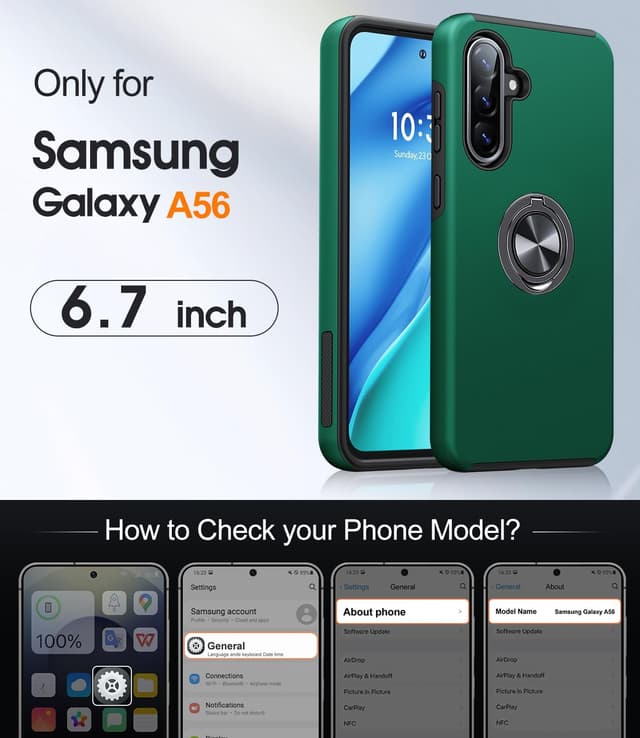 Detalle de AOUIA for Samsung Galaxy A56 5G Case (Green) with 2x Screen Protector and 360° Ring Kickstand