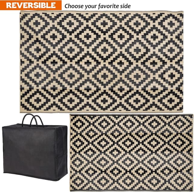 Detalle de SAND MINE Waterproof Outdoor Rug 5x8 ft (Plastic Reversible, Black & Beige)