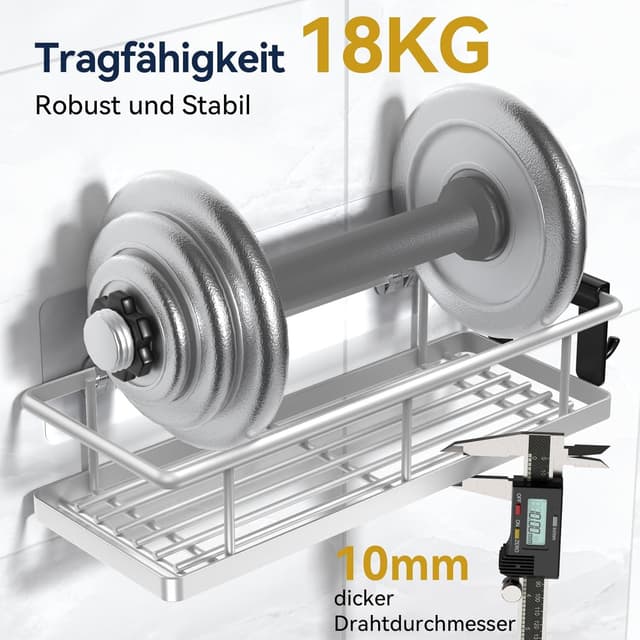 Detalle de YASONIC Duschablage ohne Bohren (3er-Set) – rostfreie Organizer mit 2 Haken, schnell trocknend, Silber